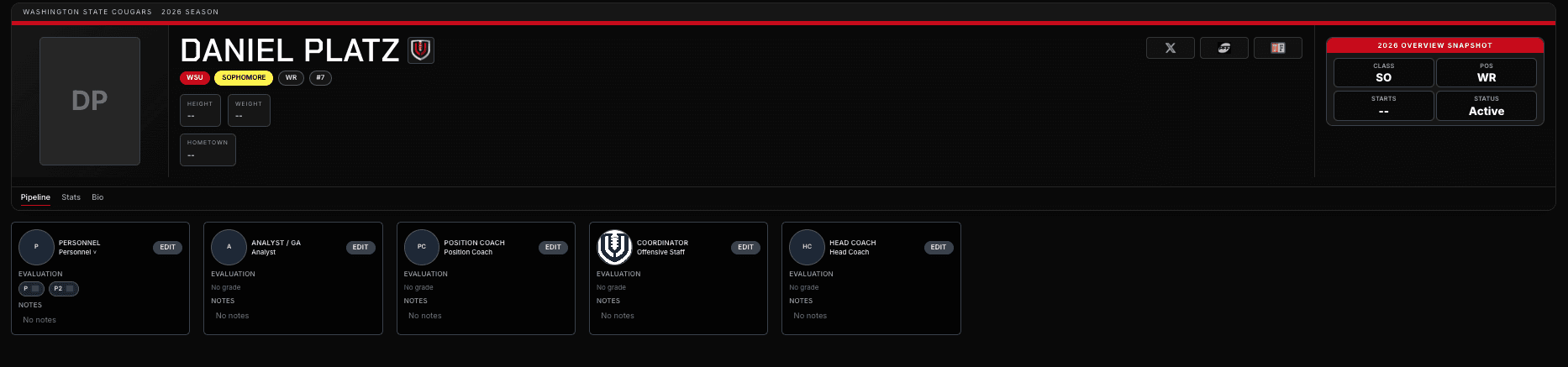 UCruit roster player profile with the overview snapshot and evaluation pipeline