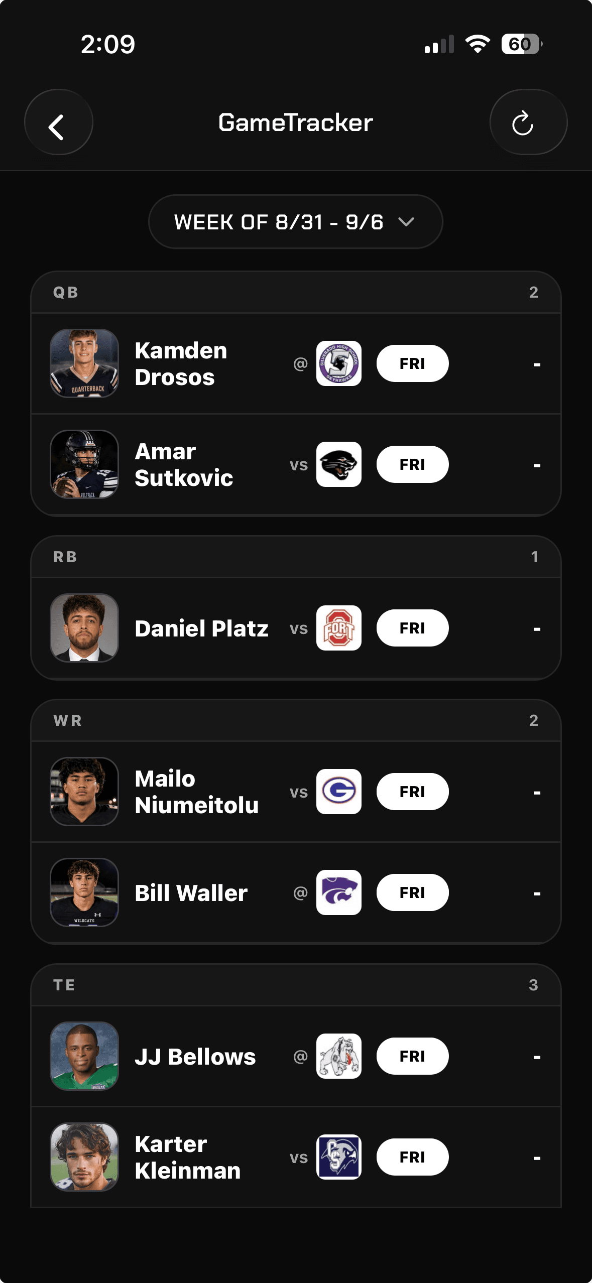 UCruit mobile GameTracker showing recruits and their upcoming high school games
