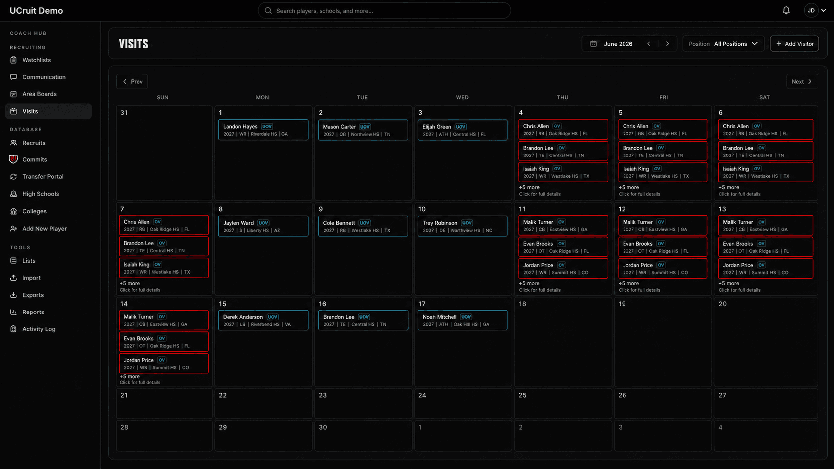 UCruit Visits calendar mockup with fictional prospects