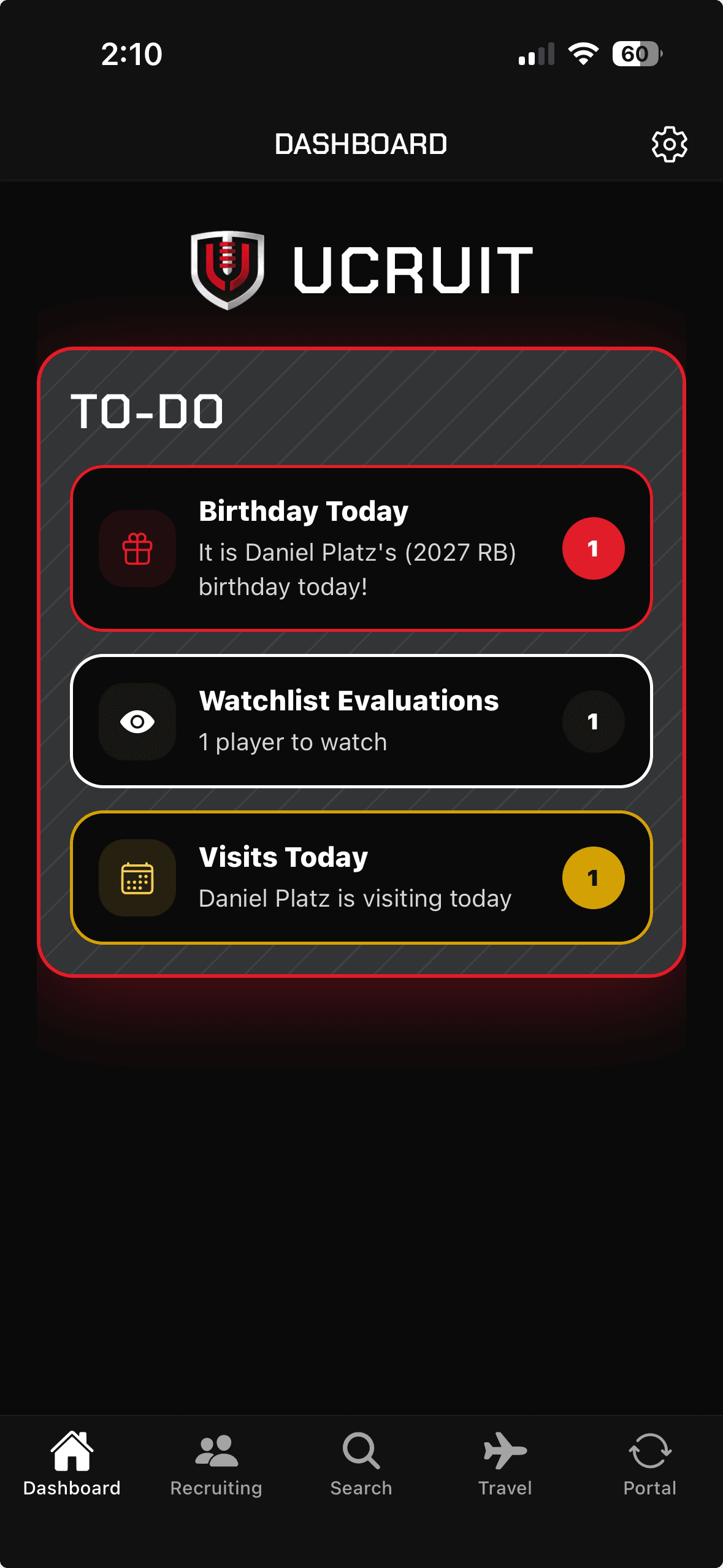 UCruit mobile dashboard showing birthdays, watchlist evaluations, and visits due today
