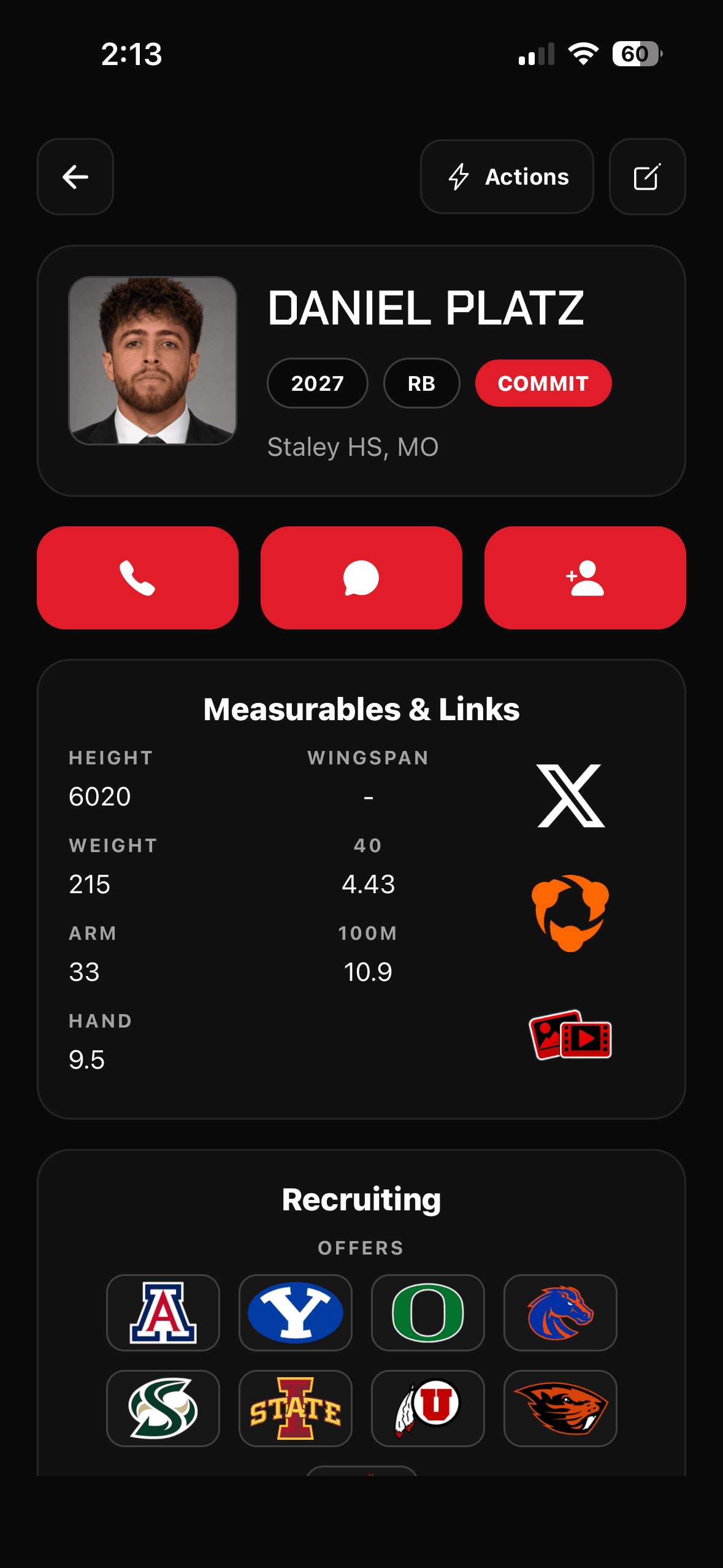 UCruit mobile player profile with measurables, links, offers, and recruiting actions