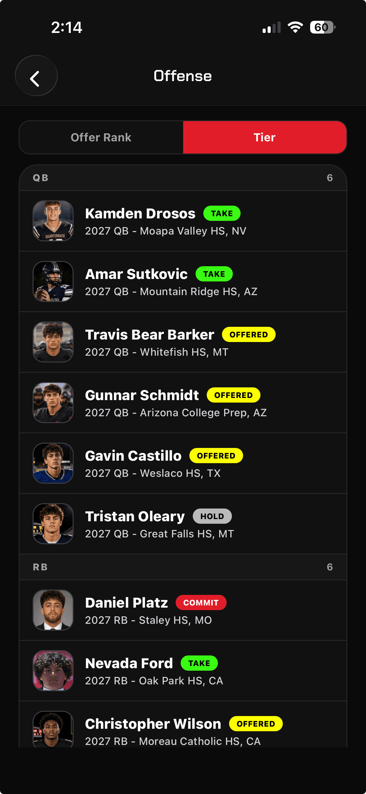 UCruit mobile position board grouped by position and recruiting tier