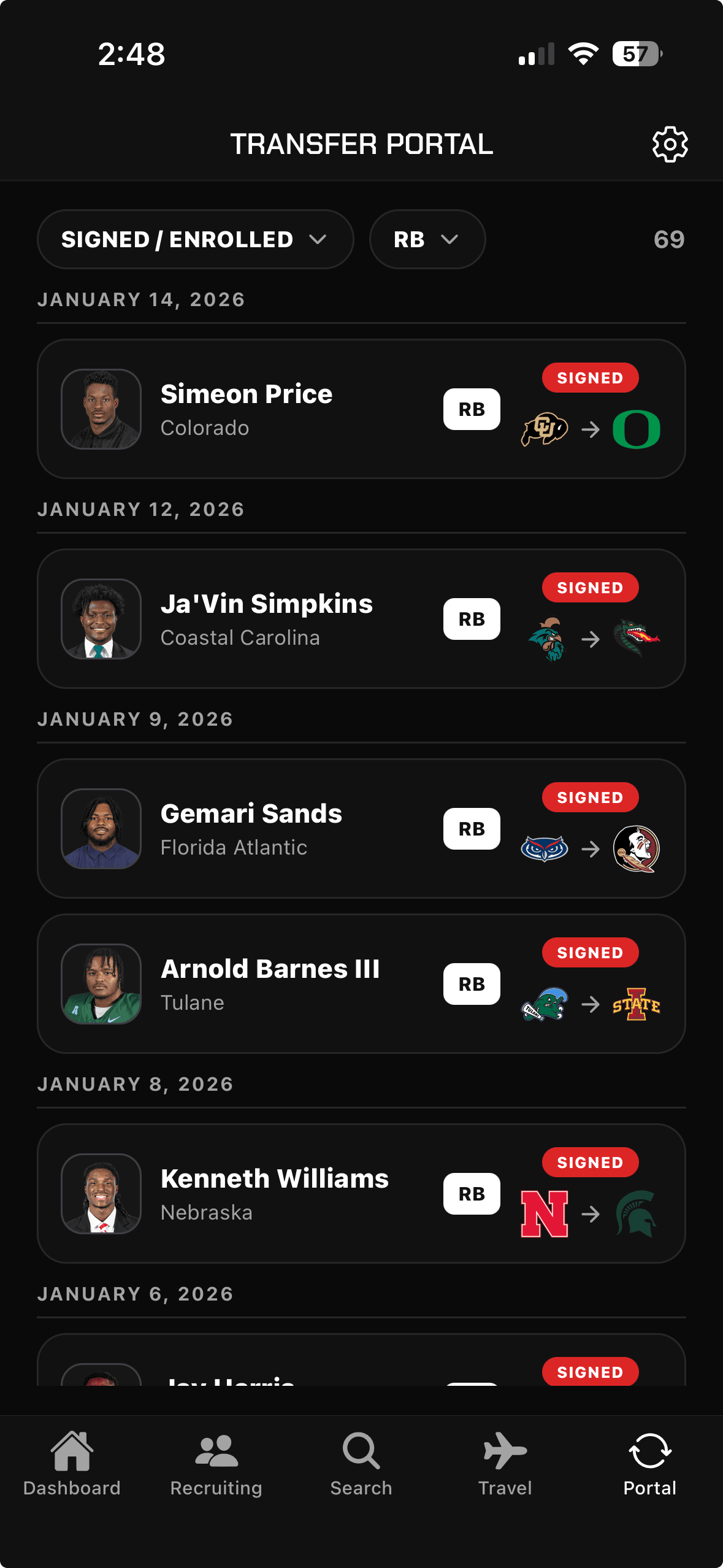 UCruit mobile Transfer Portal feed filtered by player status and position