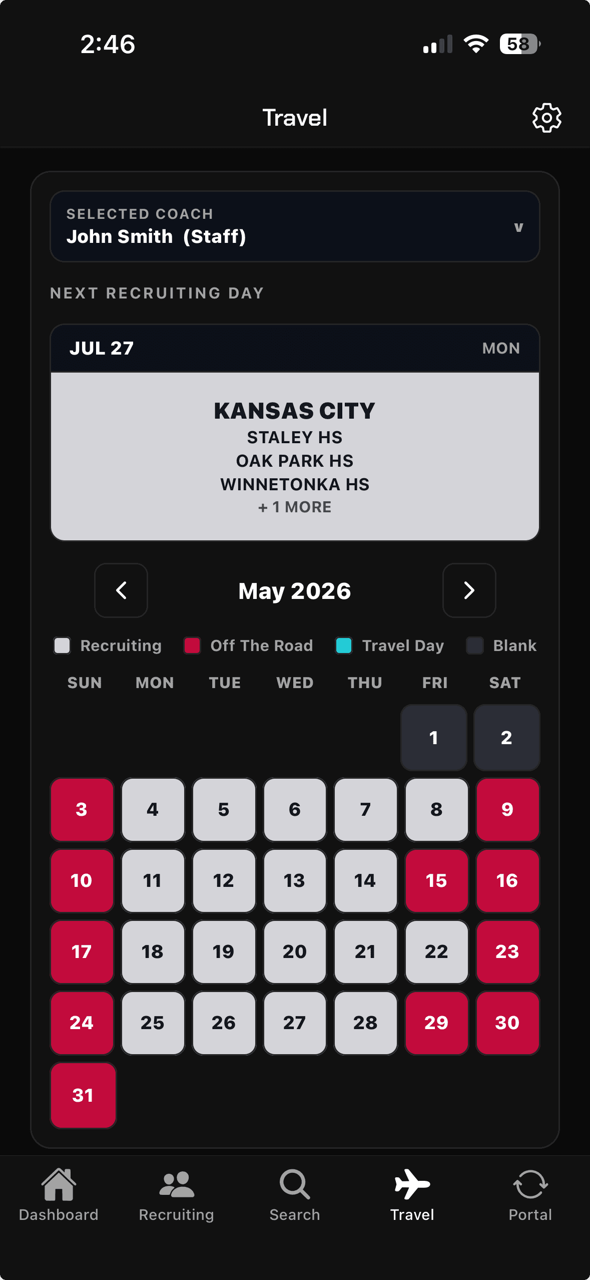 UCruit coaches travel calendar showing recruiting and off-road days