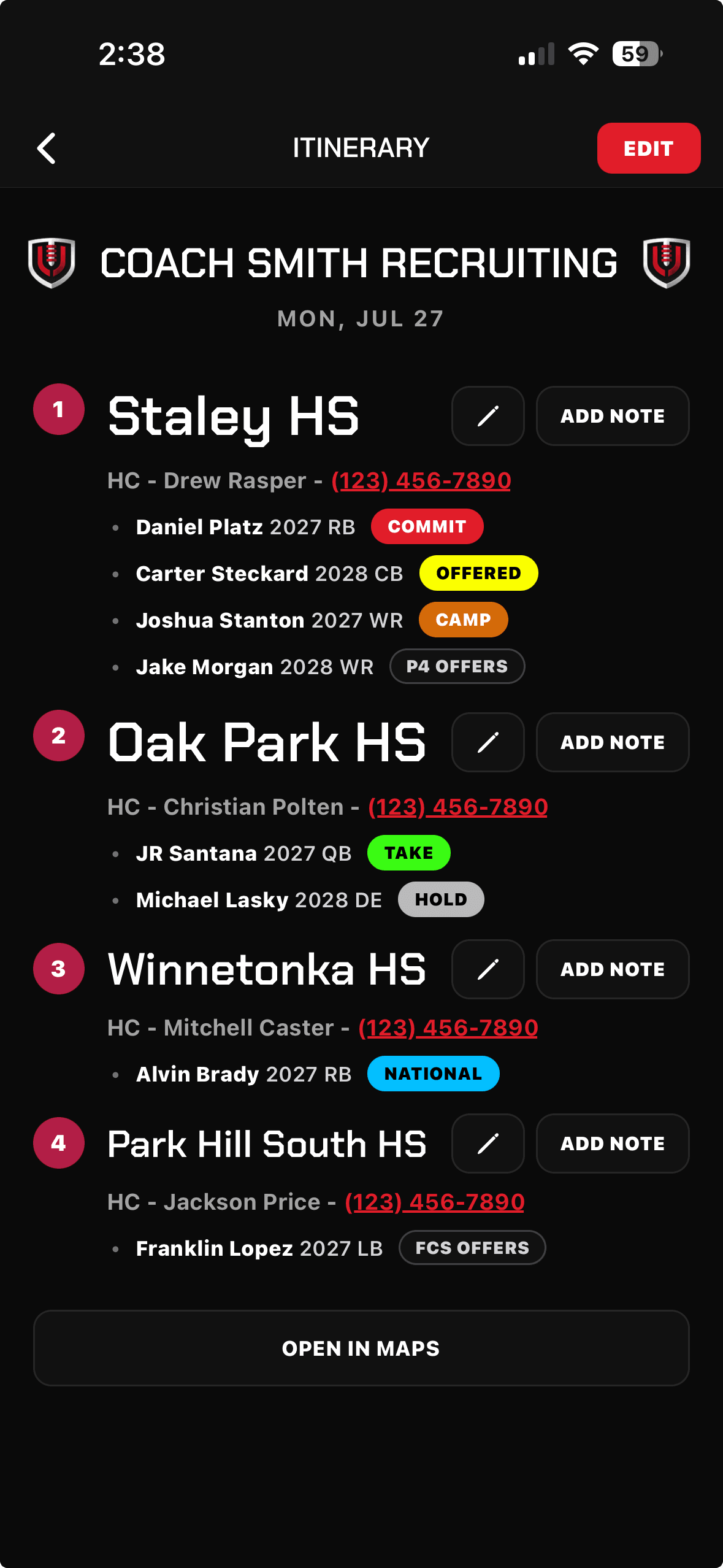 UCruit recruiting itinerary with high school stops, contacts, and prospects