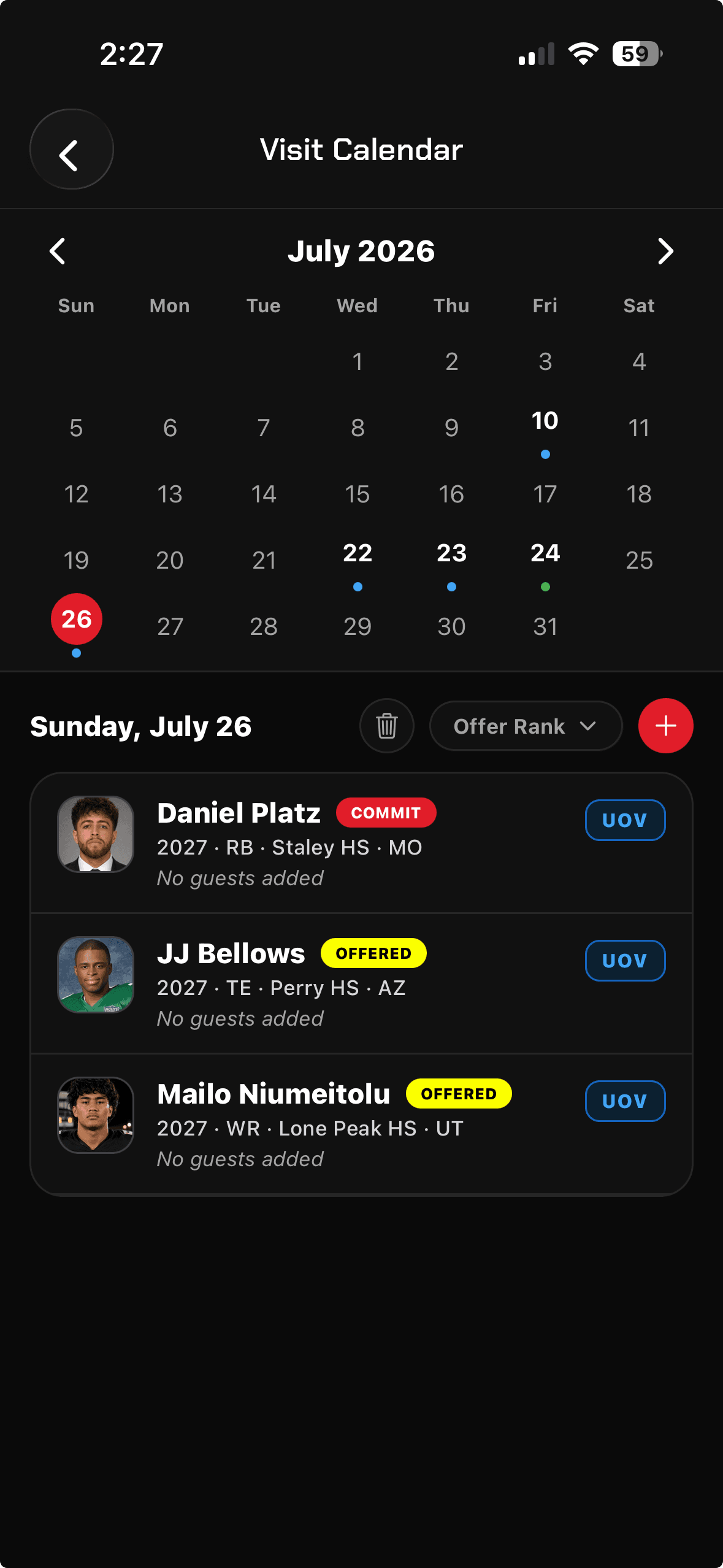 UCruit mobile visit calendar with official and unofficial visitors